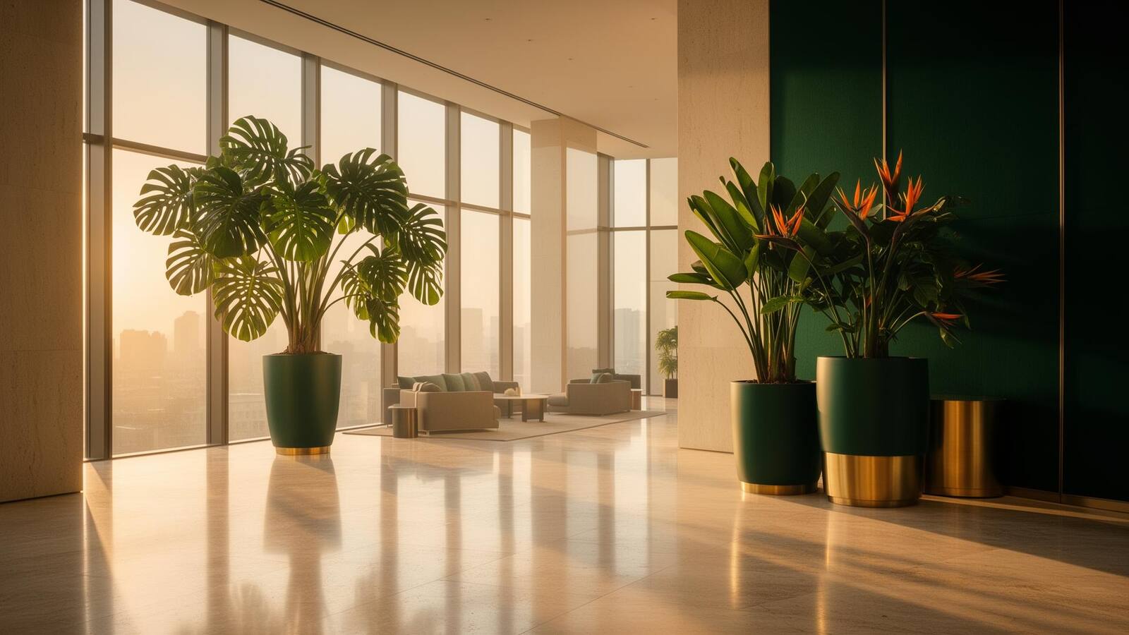 Luxury corporate lobby with statement indoor plants