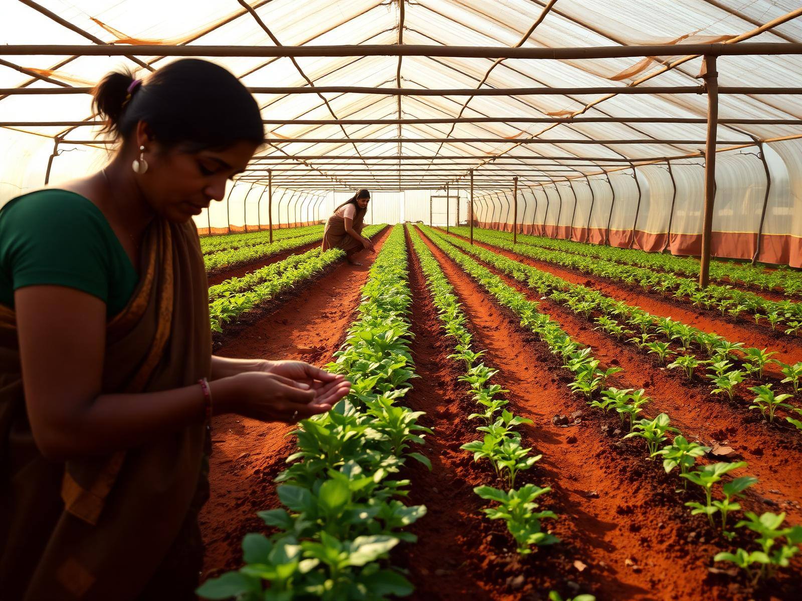 Women tending plants in a rural Indian greenhouse